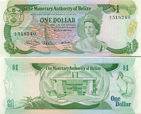 20 dollar bill back and front. The Belizean dollar bill has a