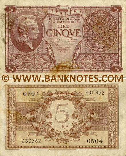 Italy 5 Lire 1944  Italian Currency Bank Notes, Paper Money, World Currency, Banknotes 