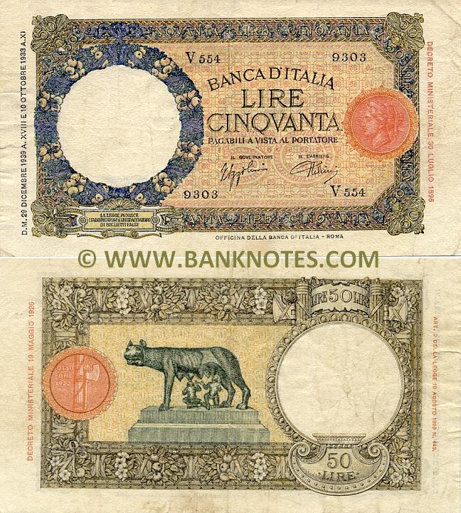 Italy 50 Lire 19331940  Italian Currency Bank Notes, Paper Money, World Currency, Banknotes 
