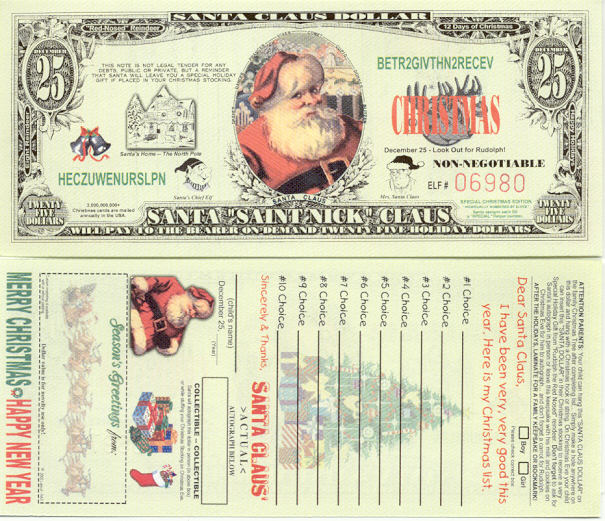 FREE SLEEVE Details about   A Twenty Five Christmas Dollars Bill Play Funny Money Novelty Note