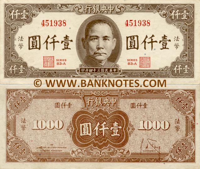 China 1000 Yuan 1945 Chinese Currency Bank Notes Paper Money - chinese currency gallery