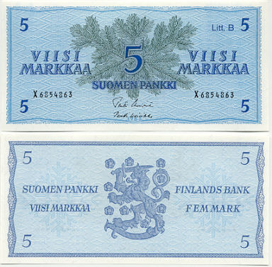 Banknotes of All Nations Finland 5 Markkaa 1963 UNC P-106Aa.33 Litt B