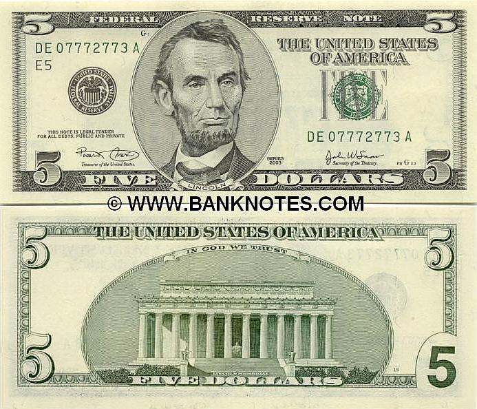 United States of America 5 Dollars 2003 - American Bank Notes, Paper ...