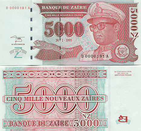 Zaire 1995 5000 Nouveaux Zaire 5000  NZ Uncirculated BanknoteUNC