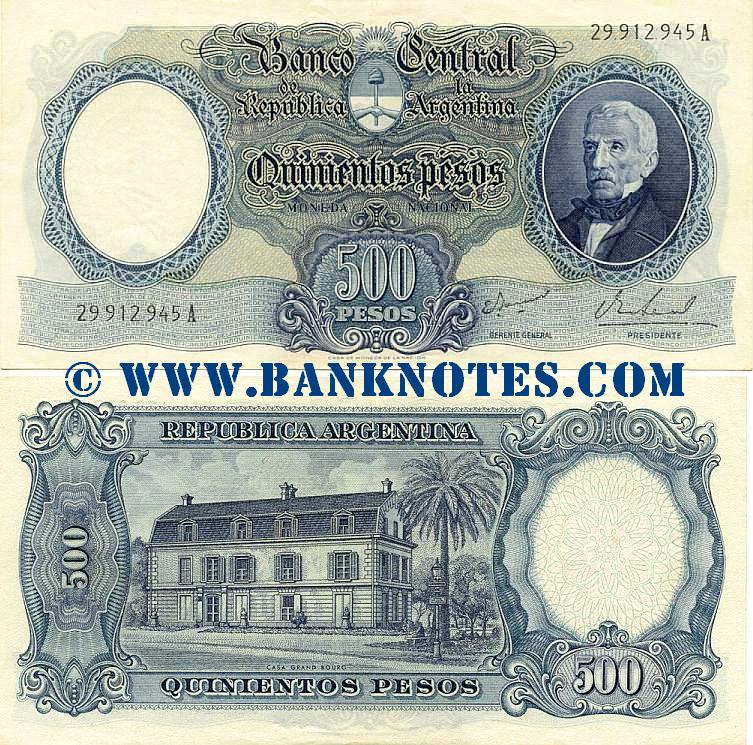 Argentina 500 Pesos (1964-69) (59.562.557A) (circulated) VF+
