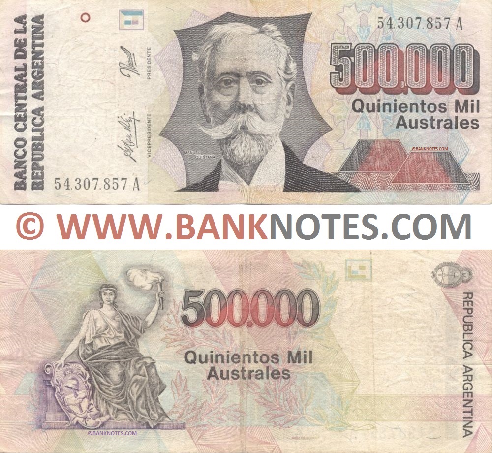 Argentina 500000 Australes (1991) (Sig: Fraga, Iorio) (Suffix "A") (circulated) VF