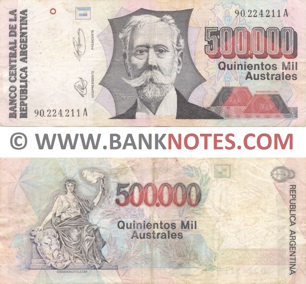 Argentina 500000 Australes (1991) (Sig: Fernandez, Murolo) (Suffix "A" or "B") (circulated) VF