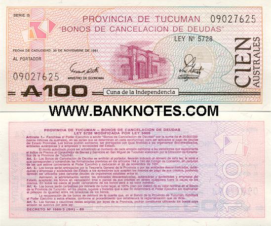 Argentina 100 Australes Exp. 1991 (090276xx/Serie G) UNC