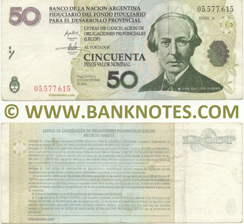 Argentina 50 Pesos 2001 LECOP (Serie A) (ink writings) (circulated) VF