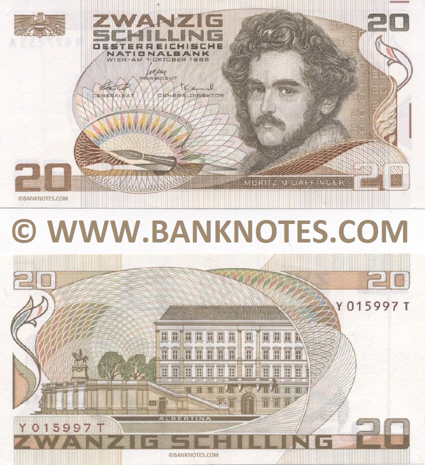 Austria 20 Schilling 1.10.1986 (Serial # varies) (circulated) VF