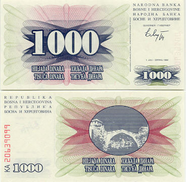 Bosnia & Herzegovina 1000 Dinara 1992 (LA/21507xxx) UNC