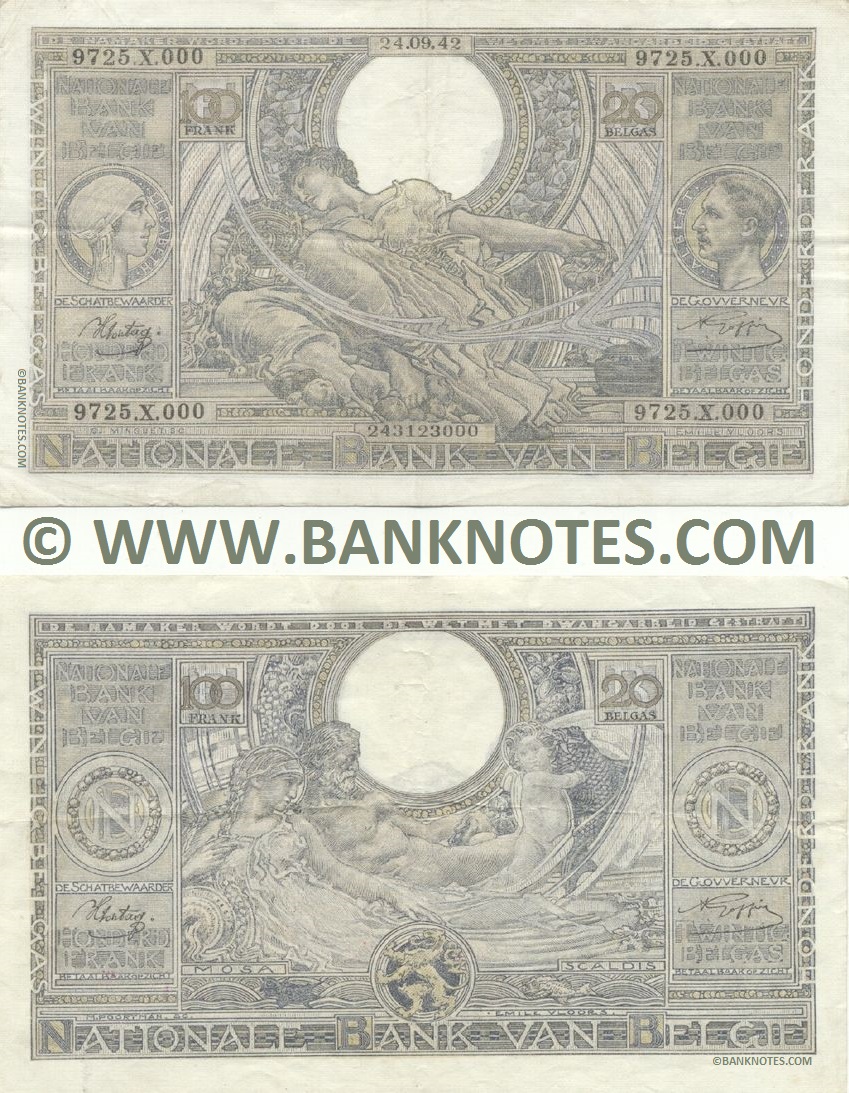 Belgium 100 Francs = 20 Belgas 2.11.1938 (5116.K.649/127884649) (circulated) VG-F