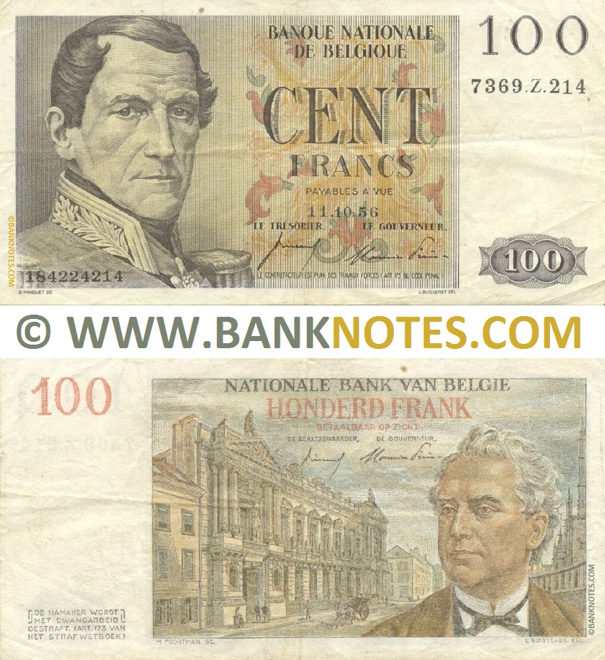 Belgium 100 Francs 11.10.1956 (7369.Z.214/184224214) (circulated) VF