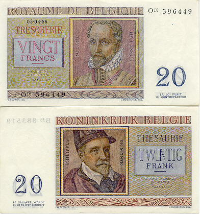 Belgium 20 Francs 3.4.1956 (X13/502879) (circulated) VF-XF