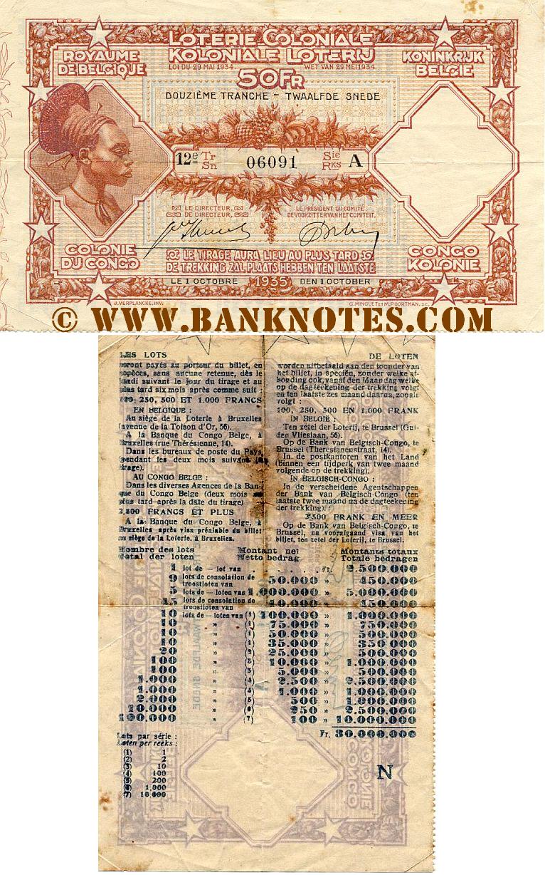 Belgian Congo Lottery ticket 50 Francs 1.10.1935 (A06091) (used) F-VF