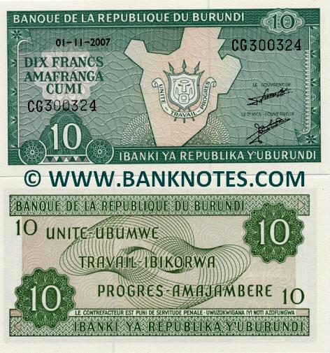 Burundi 10 Francs 2007 (weak "00" in CG3003xx) UNC