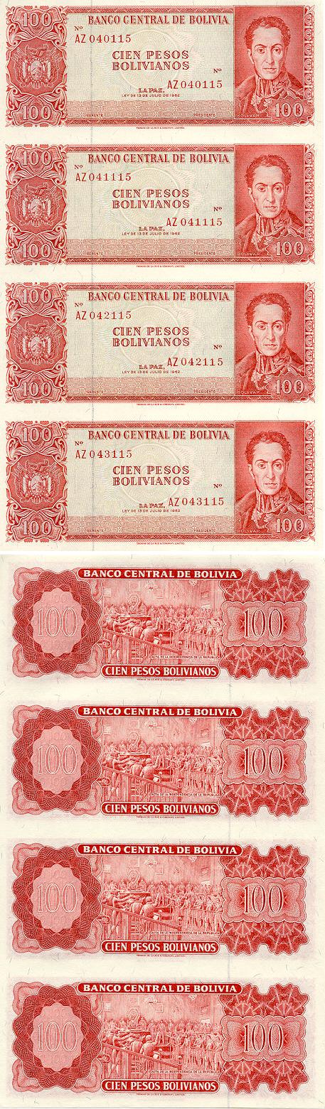 Bolivia Uncut sheet of 4 x 100 Pesos Bolivianos 1962 (AZ040117) UNC