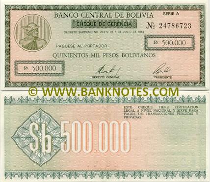 Bolivia Half Million Pesos Bolivianos 1984 (A/247xxxxx) (circulated) XF