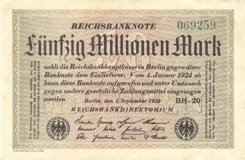 Germany 50 Million Mark 1.9.1923 (GB-61/352665) (circulated, cnr stn) VF