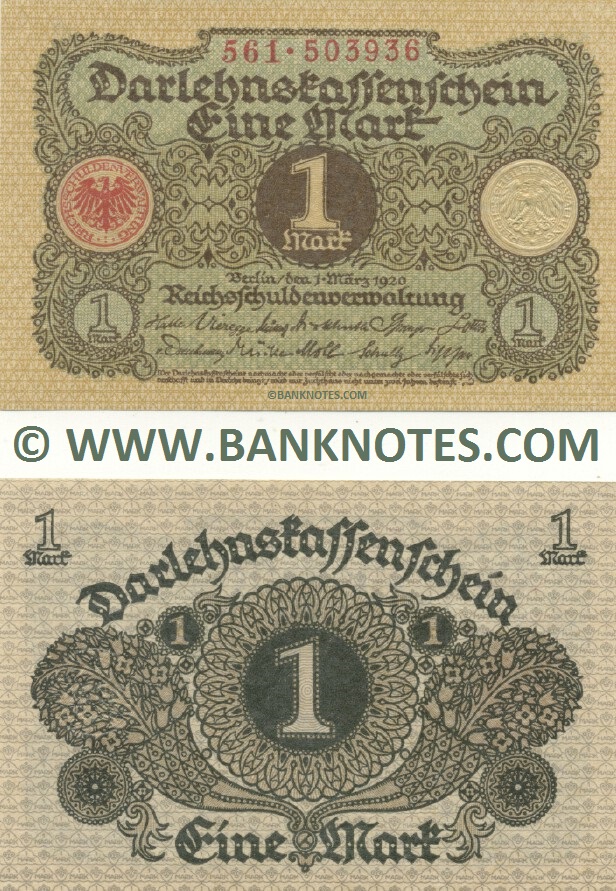Germany 1 Mark 1.3.1920 (Serial # varies) UNC