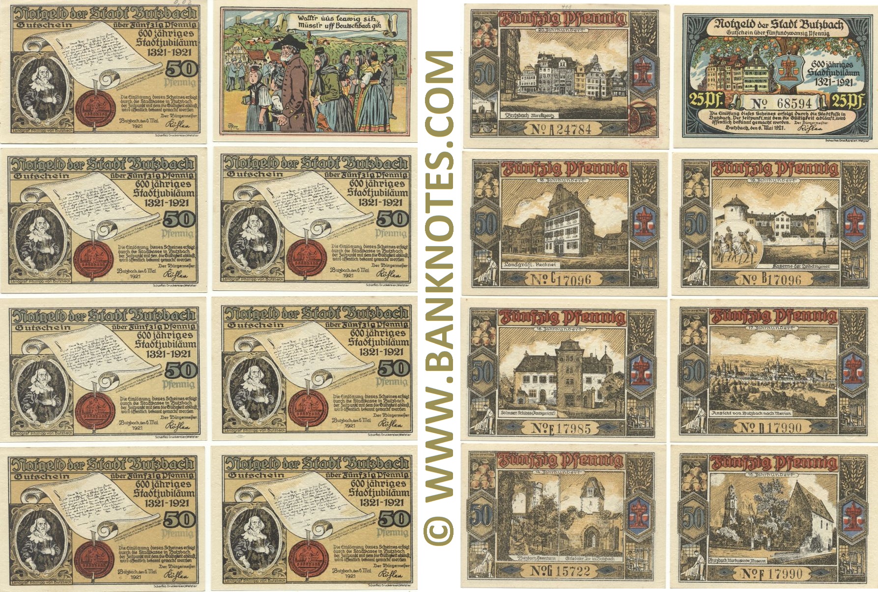 Germany Town of Butzbach, Set of 8: 1x25Pf.+7x50Pf. 1921 (L204) (68594, A24784, B17096, C17096, D17990, E17985, F17990, G15722) UNC