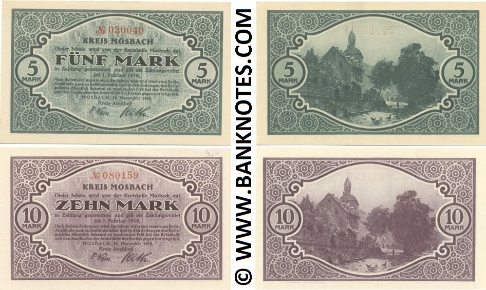 Germany: Mosbach: Set of 2: 5 & 10 Mark 1918 (G363) (5M:030040; 10M:080159) UNC