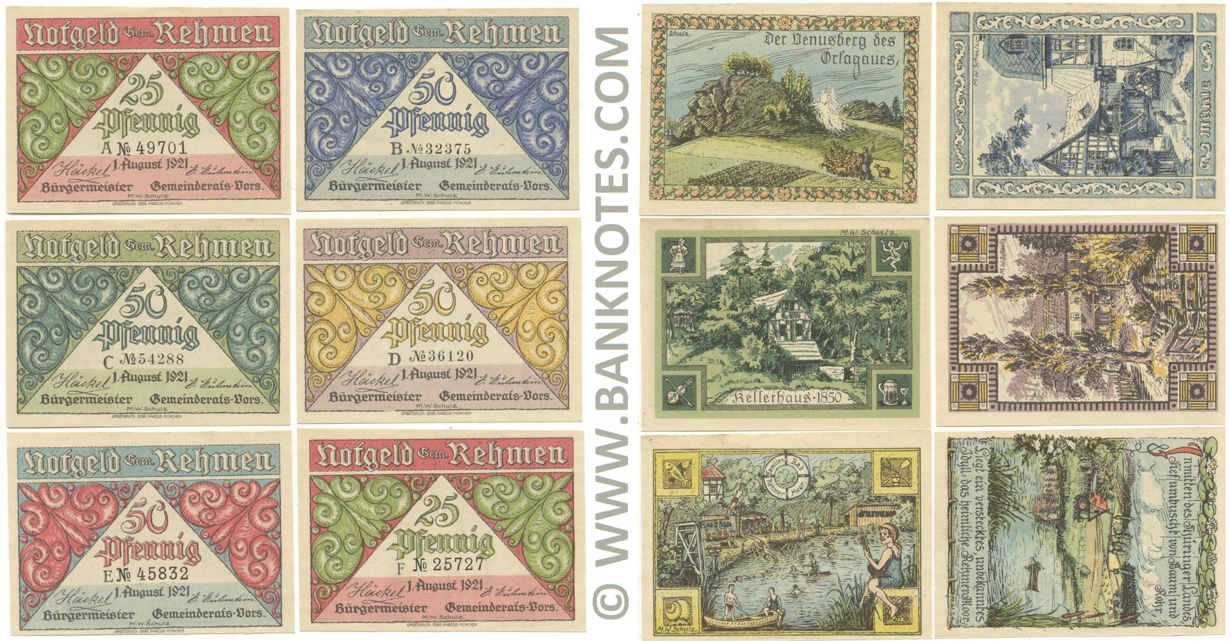 Germany: Rehmen: Set of 6: 2x25Pf.+4x50Pf. 1921 (L1078) (A-14931, B-02932, C-02552, D-05077, E-04079, F-06902) UNC