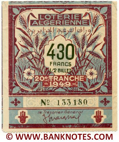 Algeria lottery 1/2 ticket 430 Francs 1949 Serial # 133180 VF-XF