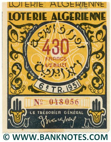 Algeria lottery 1/2 ticket 430 Francs 1951 Serial # 048056 UNC