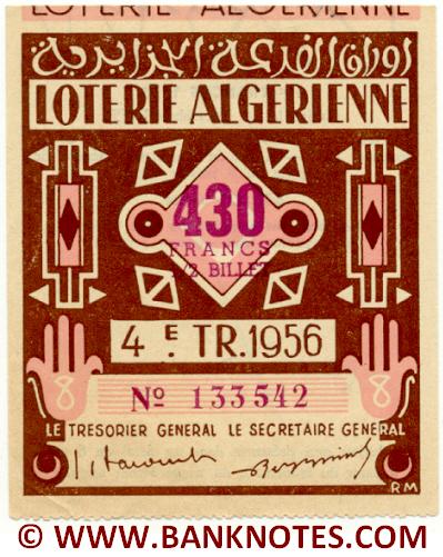 Algeria lottery 1/2 ticket 430 Francs 1956 Serial # 133542 AU-UNC