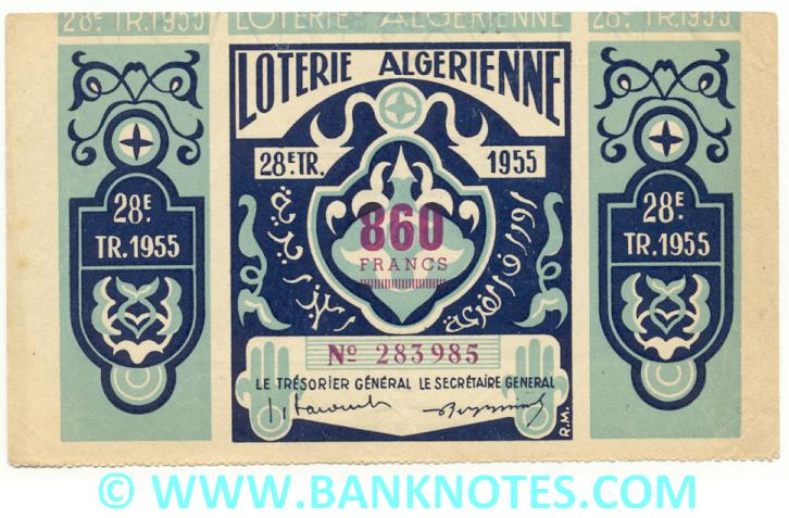 Algeria Lottery ticket 860 Francs 1955. Serial # 283985 (new) AU