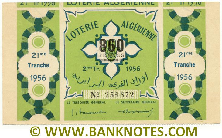 Algeria Lottery ticket 860 Francs 1956. Serial # 254872 XF