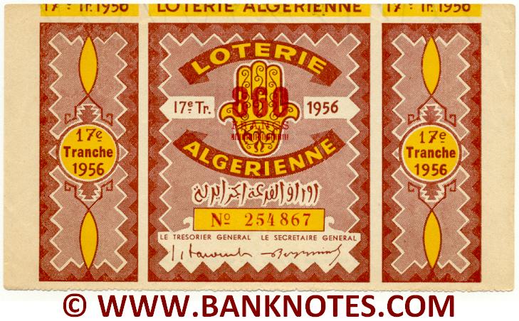 Algeria Lottery ticket 860 Francs 1956. Serial # 254867 XF