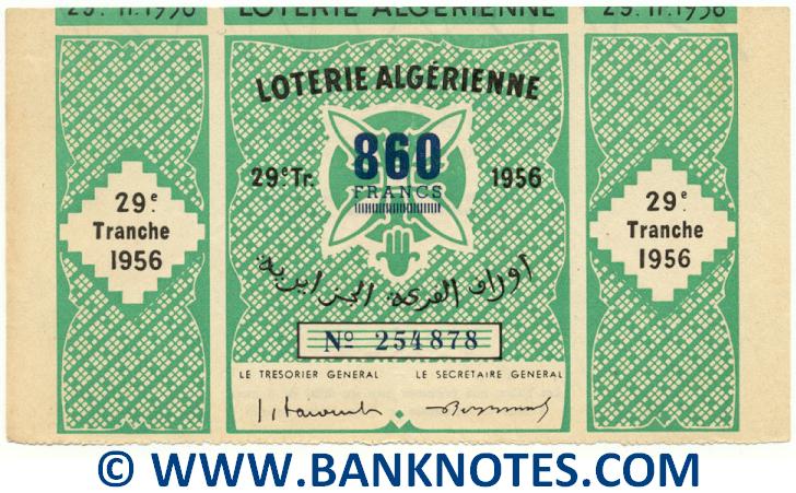 Algeria Lottery ticket 860 Francs 1956. Serial # 254878 XF