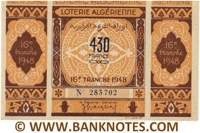 Algeria Lottery ticket 430 Francs 1948. Serial # 283702 (new) AU