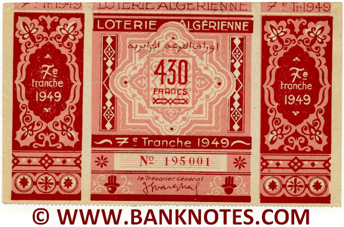 Algeria Lottery ticket 430 Francs 1949. Serial # 195001 (new) AU