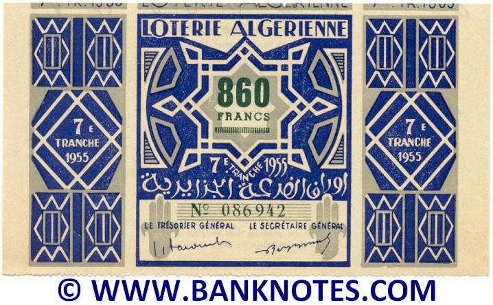 Algeria Lottery ticket 860 Francs 1955. Serial # 086942 (nice) XF