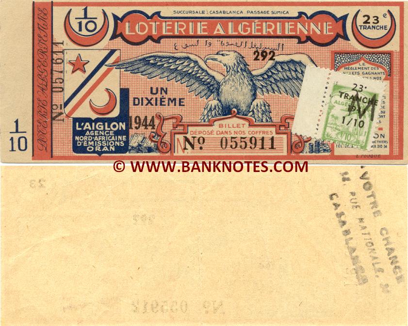 Algeria Lottery ticket 1944. Serial # 057611/055911. VF+ (used)