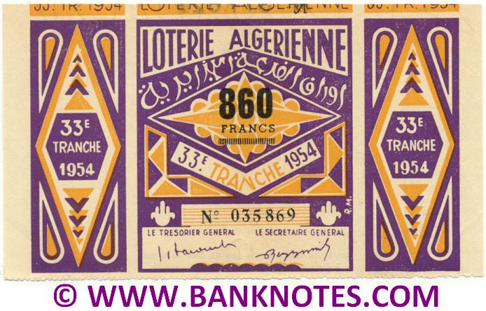 Algeria Lottery ticket 860 Francs 1954. Serial # 035869 (nice) XF