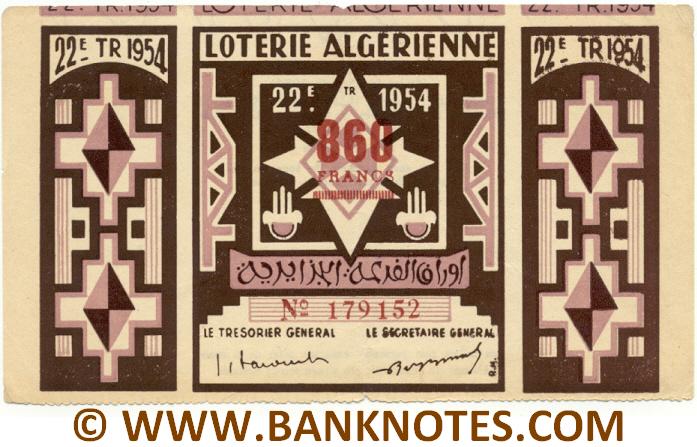 Algeria Lottery ticket 860 Francs 1954. Serial # 179152 (nice) XF