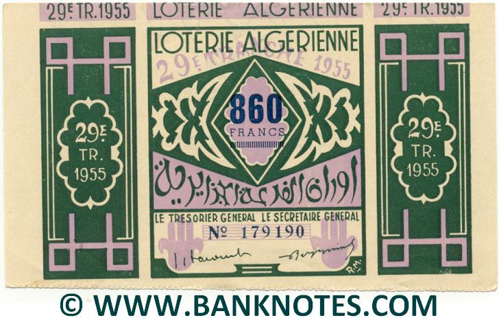 Algeria Lottery ticket 860 Francs 1955. Serial # 179190 (nice) XF