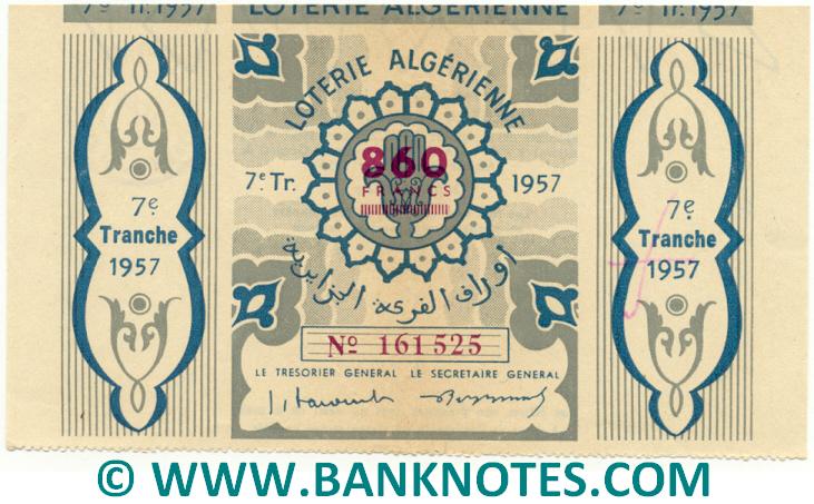Algeria Lottery ticket 860 Francs 1957. Serial # 161525 (nice) XF