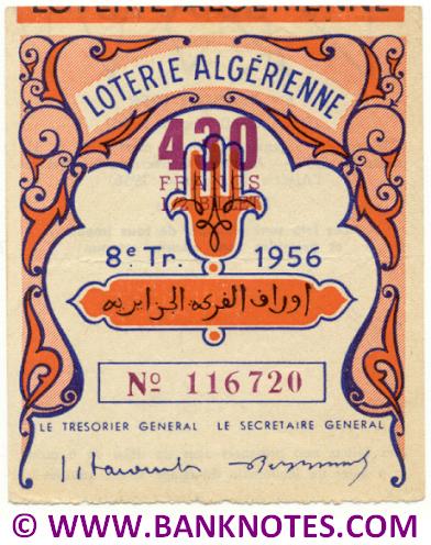Algeria lottery 1/2 ticket 430 Francs 1956 Serial # 116720 XF