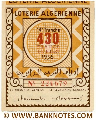 Algeria lottery 1/2 ticket 430 Francs 1956 Serial # 224679 AU