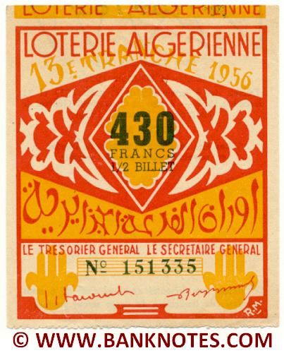 Algeria lottery 1/2 ticket 430 Francs 1956 Serial # 151335 AU