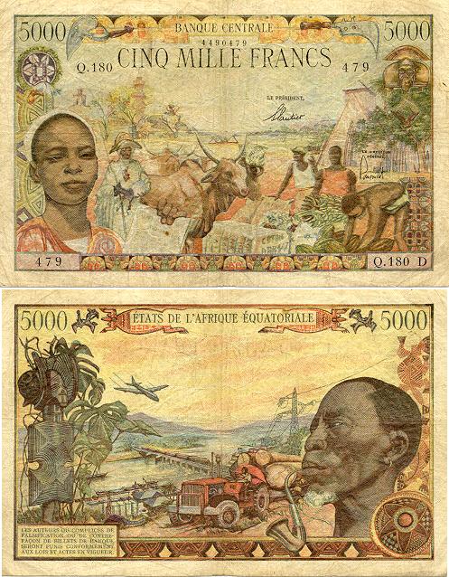 Gabon 5000 Francs (1963) (Q.180D/4490479) (circulated) VG-F