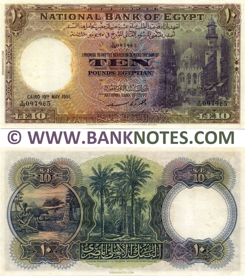 Egypt 10 Pounds 19.5.1951 (Sig: Ahmed Zaky Saad) (X/148 097965) (lt. circulated) VF-XF