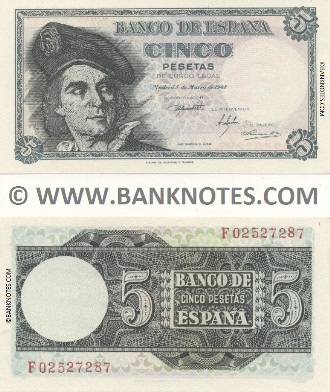 Spain 5 Pesetas 5.3.1948 (C,D,E,F prefix) UNC