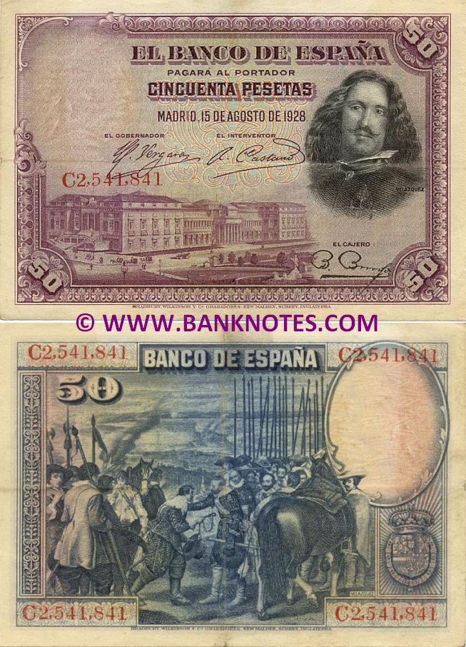 Spain 50 Pesetas 1928 (D6,230,362) (circulated) VF