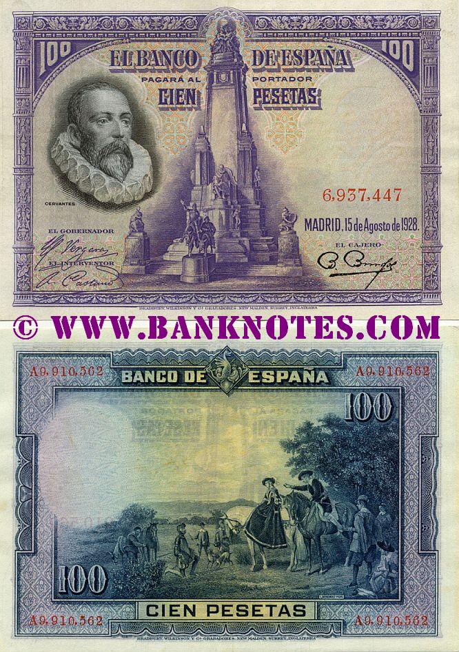 Spain 100 Pesetas 15.8.1928 (A4,380,280) AU